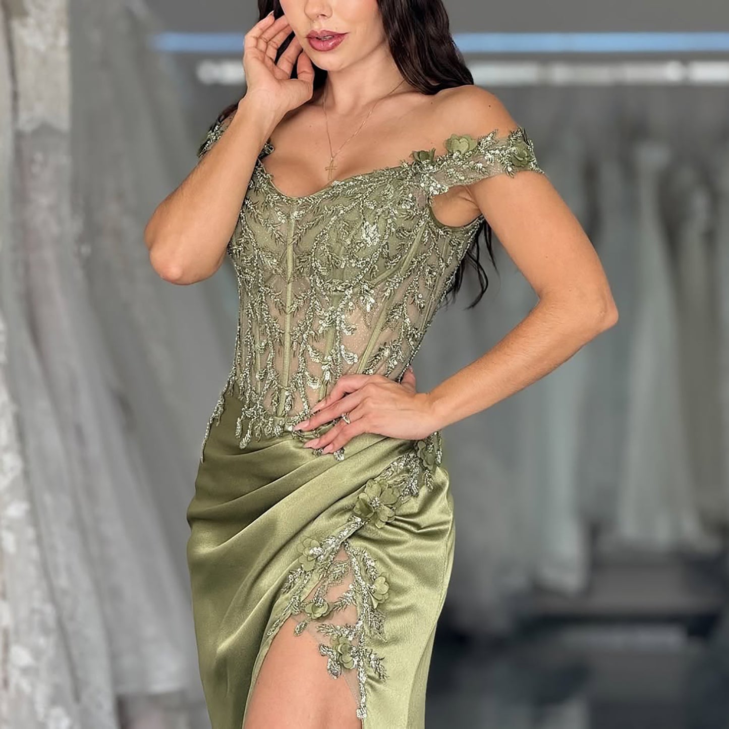 HE009-Mermaid Prom Dresses Long for Women Off Shoulder Evening Dresses Plus Size Satin Lace Appliques Maxi Party Gowns