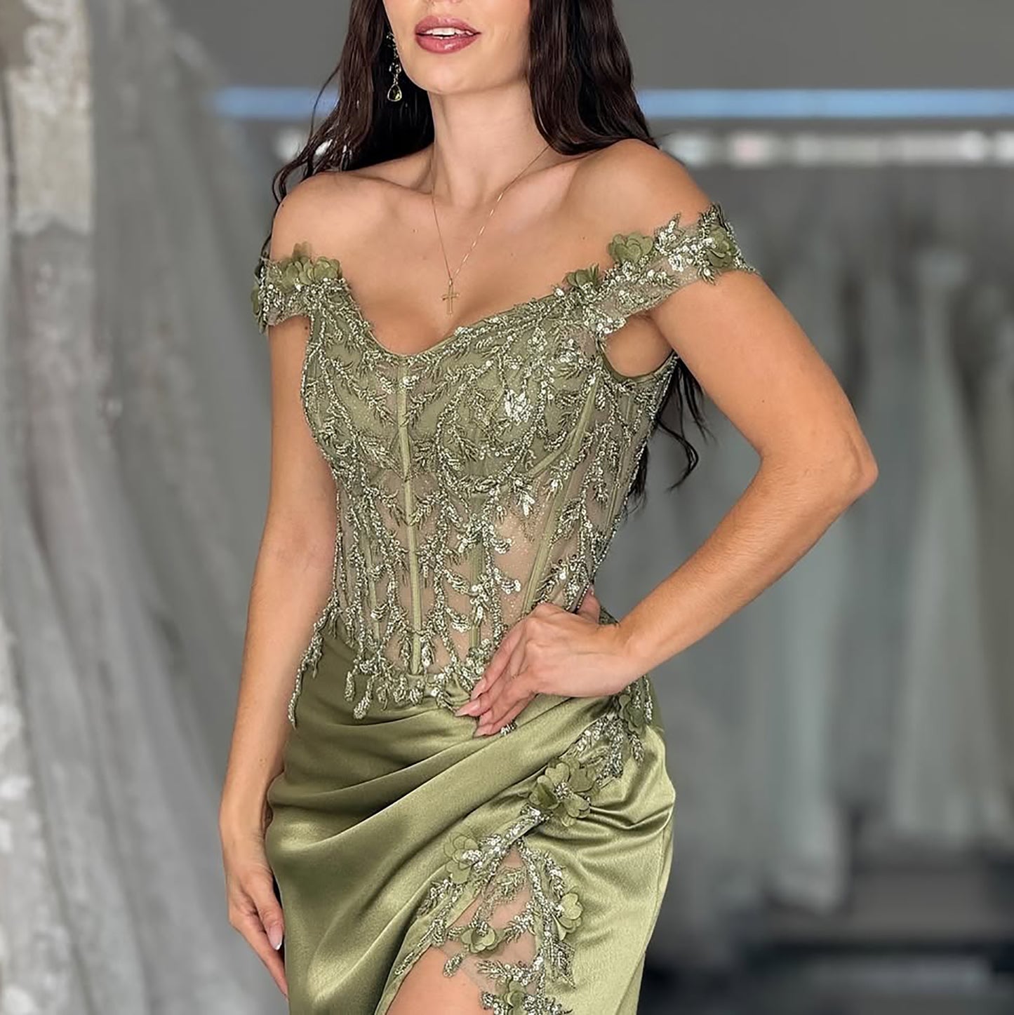 HE009-Mermaid Prom Dresses Long for Women Off Shoulder Evening Dresses Plus Size Satin Lace Appliques Maxi Party Gowns