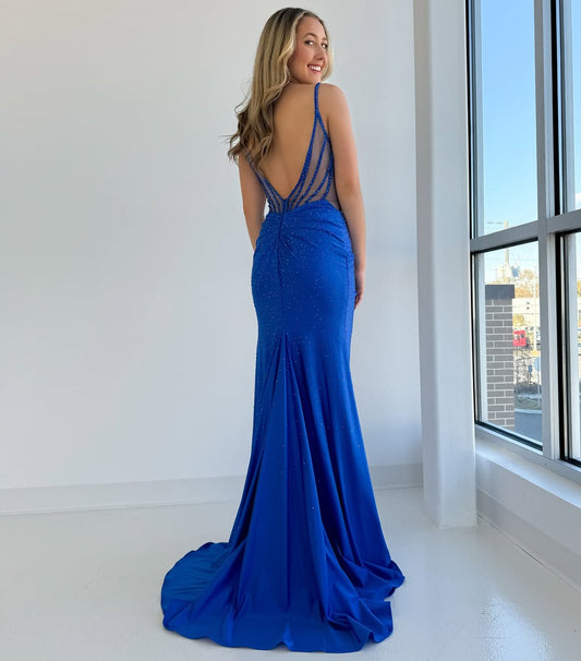 Royal Blue Mermaid Evening Dresses Long Satin Corset Beaded Party Gowns HE196