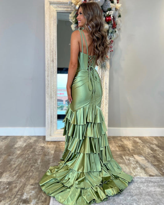 Satin Ruffles Mermaid Prom Dresses Long with Slit Sexy V Neck Evening Dresses HE006