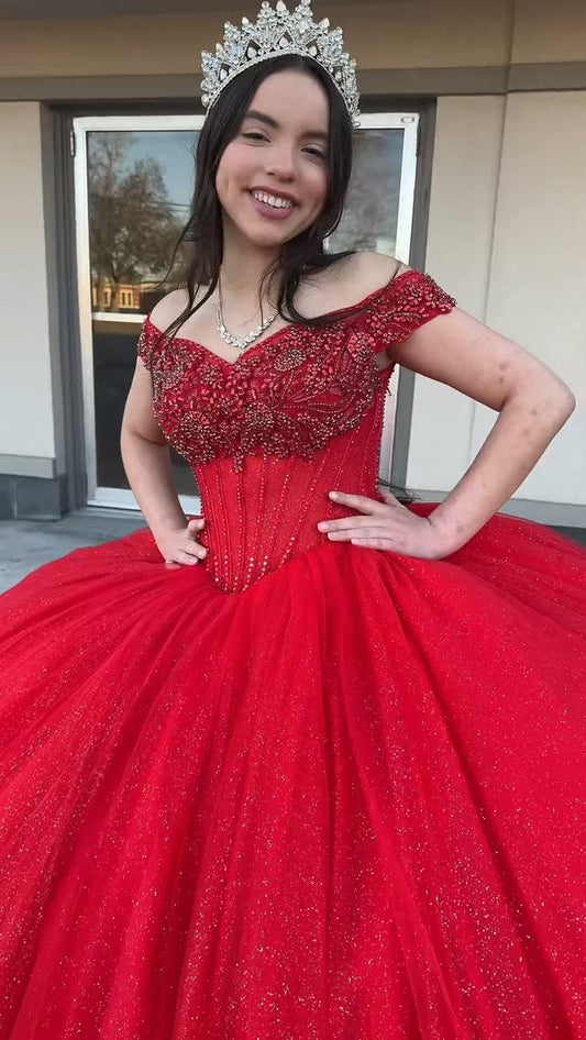 Red Tulle Beaded Quinceanera Dresses for Sweet 16 Ball Gown Birthday Party Dresses HE083