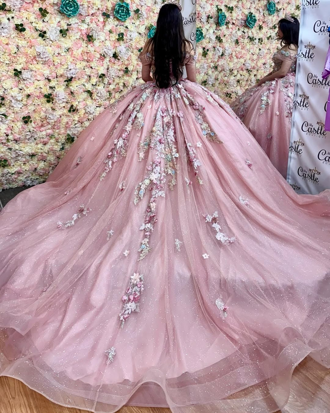 Pink Quinceanera Dresses Ball Gown 3d Flower Appliques Party Dresses for Sweet 16 HE084