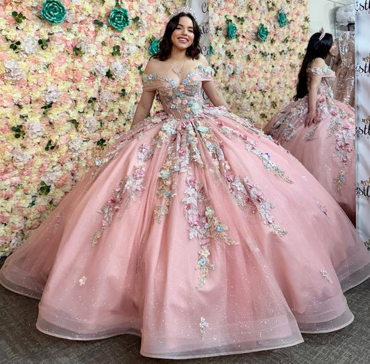 Pink Quinceanera Dresses Ball Gown 3d Flower Appliques Party Dresses for Sweet 16 HE084