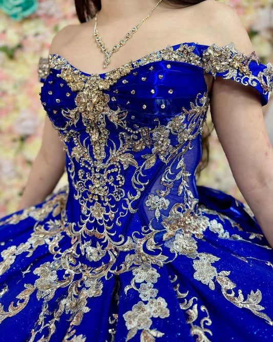 HE080-Vestido de quinceañera de tul con hombros descubiertos, sin mangas, color azul real, para fiesta de graduación, cumpleaños y dulces 16