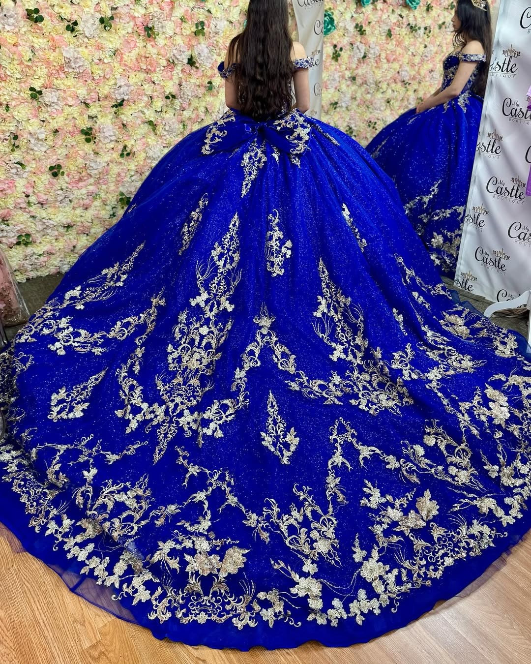 HE080-Vestido de quinceañera de tul con hombros descubiertos, sin mangas, color azul real, para fiesta de graduación, cumpleaños y dulces 16