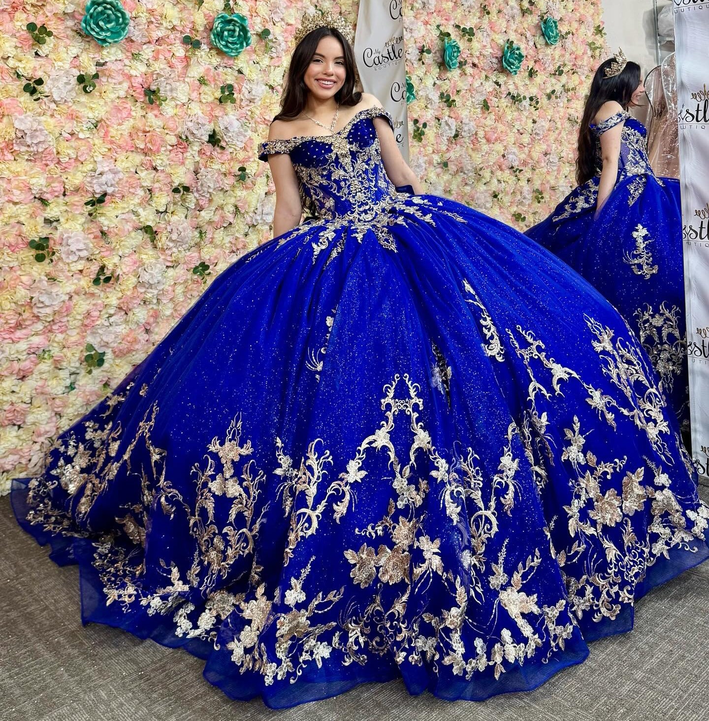 HE080-Vestido de quinceañera de tul con hombros descubiertos, sin mangas, color azul real, para fiesta de graduación, cumpleaños y dulces 16