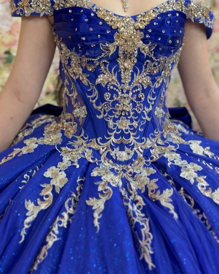 HE080-Vestido de quinceañera de tul con hombros descubiertos, sin mangas, color azul real, para fiesta de graduación, cumpleaños y dulces 16