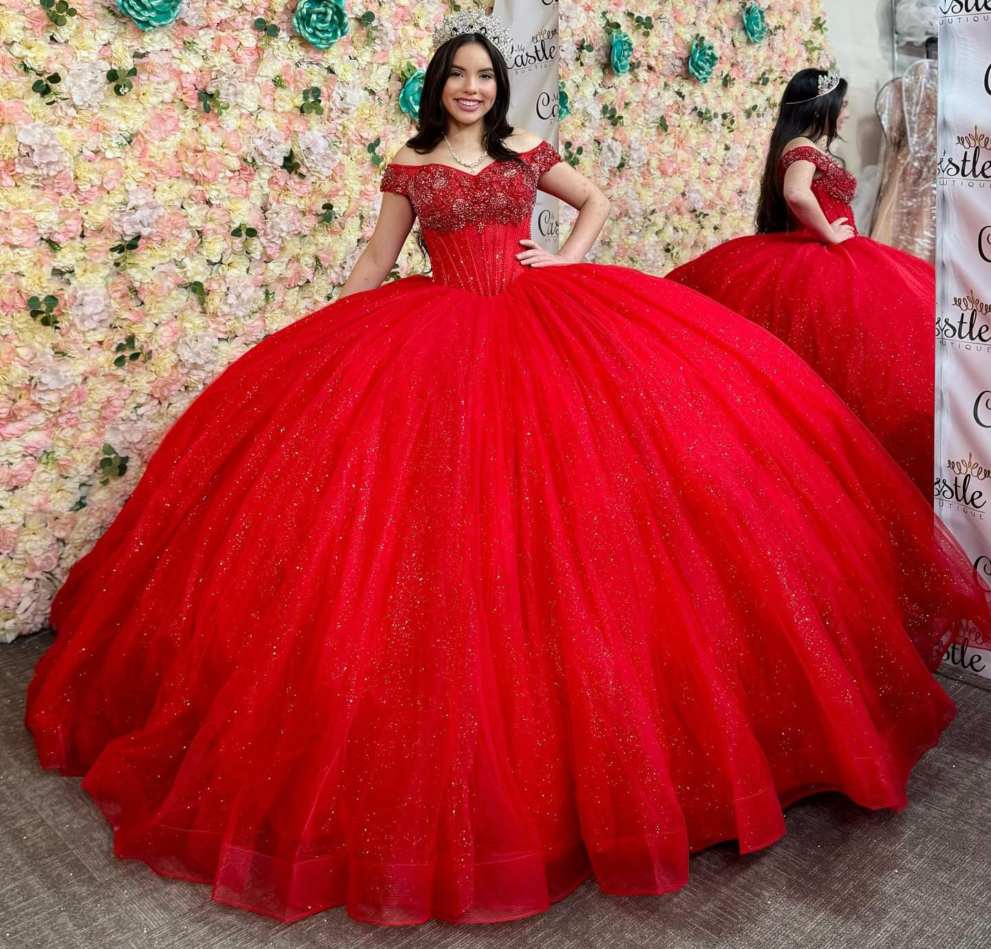 Red Tulle Beaded Quinceanera Dresses for Sweet 16 Ball Gown Birthday Party Dresses HE083
