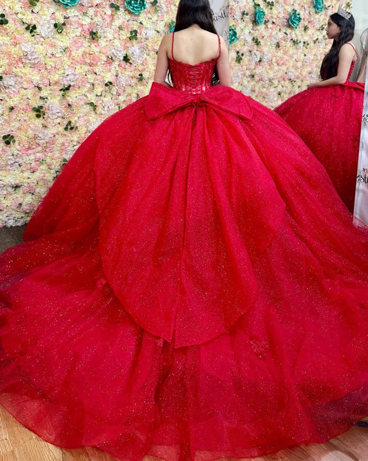 Red Quinceanera Dresses Sweet 16 Tulle Beaded Glittery Sweetheart Birthday Dresses HE079