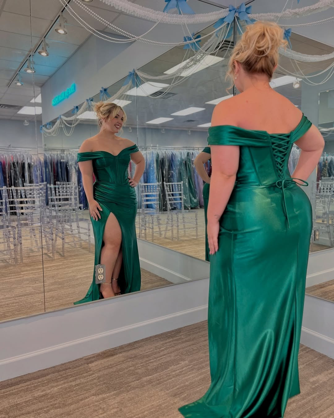 HE204-Plus Size Satin Prom Dresses Long for Women Off Shoulder Mermaid Evening Gowns Side Slit Corset Party Dresses