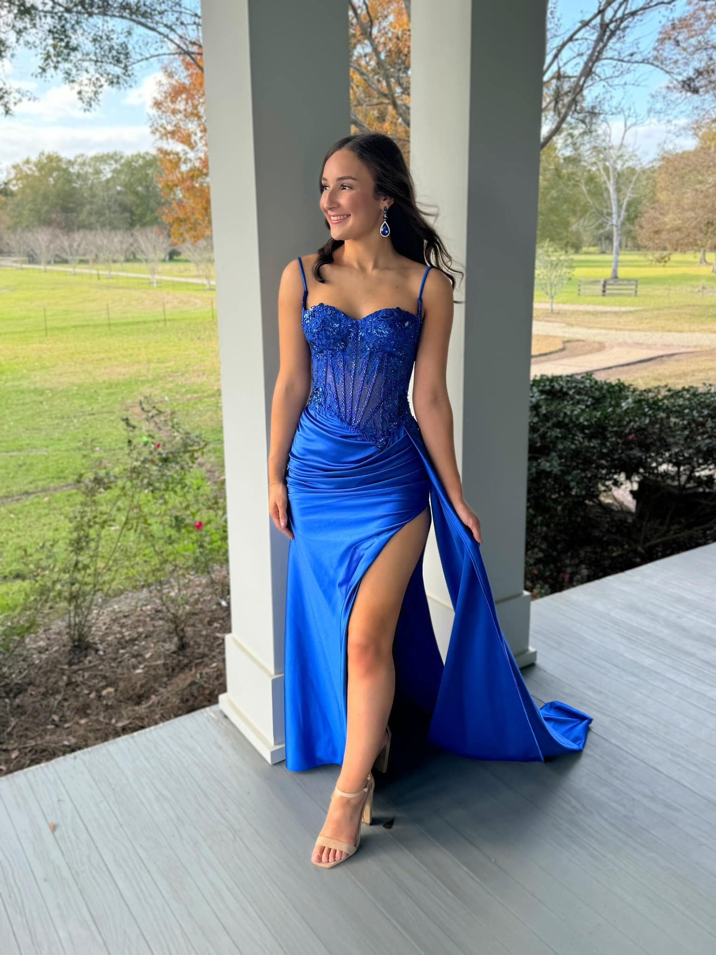 HE011-Satin Lace Beaded Prom Dresses Long with Slit Sweetheart Evening Dresses Plus Size Straps Party Gowns for Women
