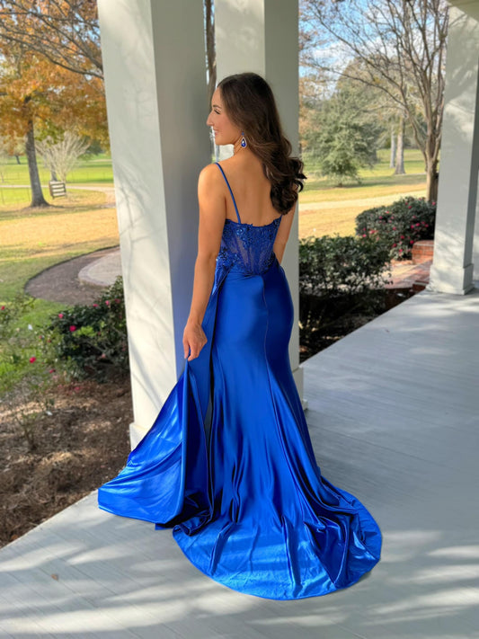 Satin Lace Beaded Prom Dresses Long Sweetheart Evening Dresses with Slit HE011