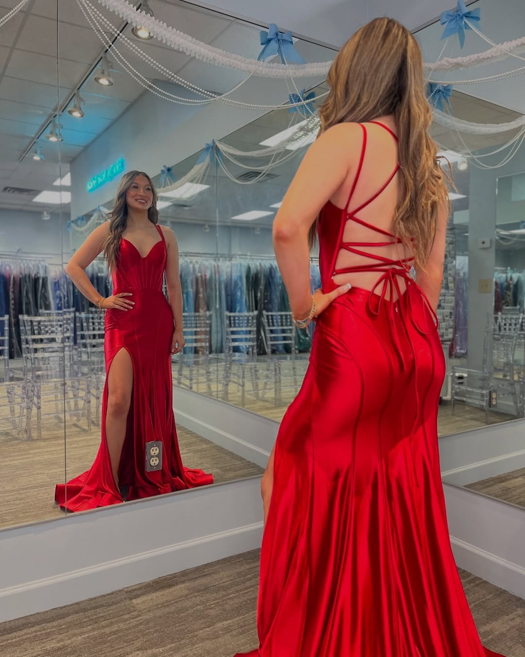 Women's Satin Long Prom Dresses with Slit Mermaid V Neck Evening Gowns HE203