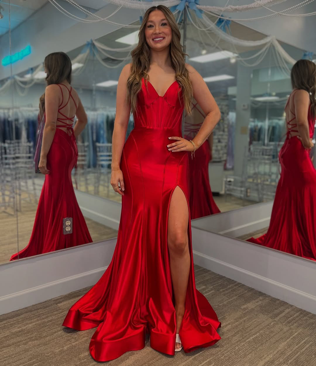 Women's Satin Long Prom Dresses with Slit Mermaid V Neck Evening Gowns HE203