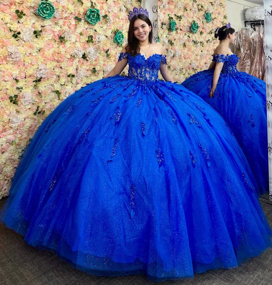 HE078-Vestido de quinceañera azul real con hombros descubiertos, tul, lentejuelas, encaje y cuentas, para fiesta de cumpleaños de 16 años
