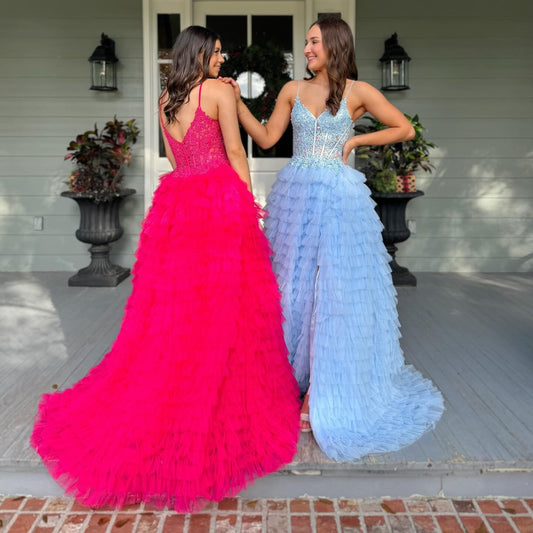 Tulle Ruffles A Line Prom Dresses Long for Women Lace Appliques Evening Gowns HE143