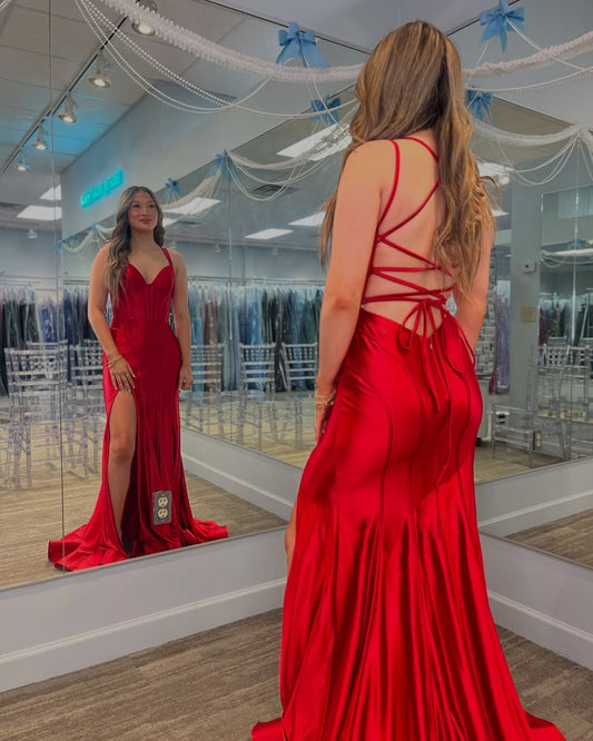 Women's Satin Long Prom Dresses with Slit Mermaid V Neck Evening Gowns HE203