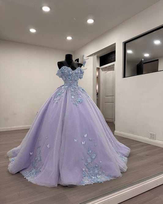 Wunderschöne lila Quinceanera-Kleider für Sweet 16, Tüll-Applikationen, Ballkleider HE446