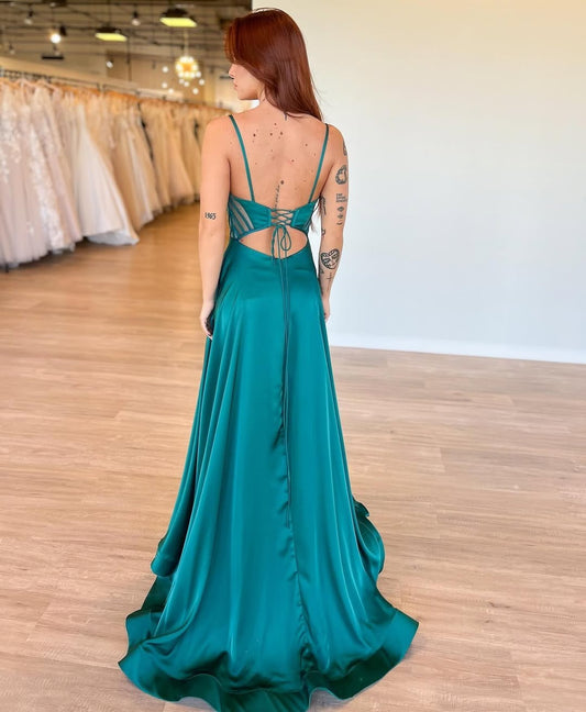 A Line Satin Prom Dresses Long Spaghetti Straps Corset Evening Gowns with Slit HE200
