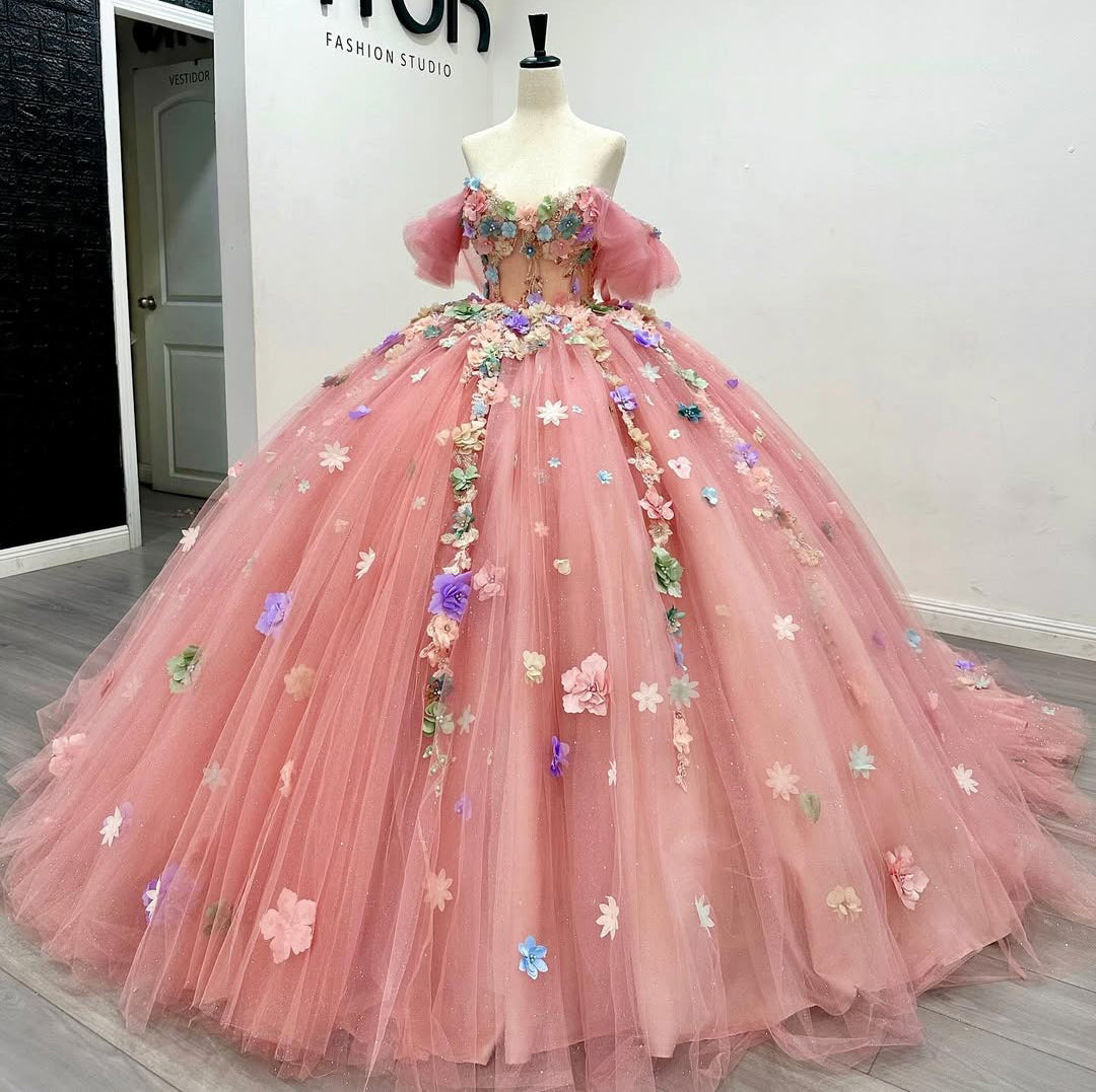 Luxury 3d Flower Appliqued Quinceanera Dresses Sweet 16 Prom Party Dresses HE444