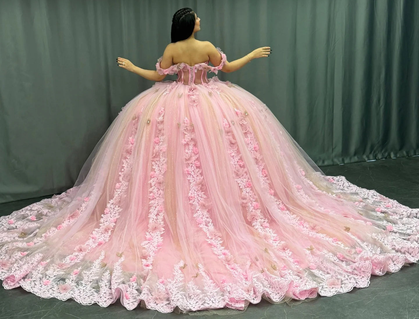 HE176 - Hermoso vestido de quinceañera para dulces 16, princesa, tul, encaje, cuentas, sin mangas, vestido de fiesta de cumpleaños, graduación, con cola larga