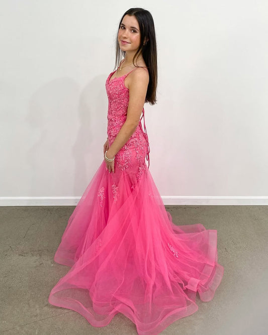 Mermaid Tulle Lace Beaded Prom Dresses for Women V Neck Formal Gowns HE244