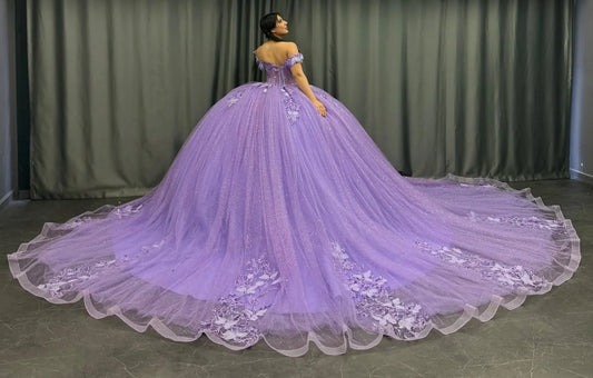 Lilac Ball Gown Quinceanera Dresses Tulle Lace Appliques Prom Dresses for Sweet 16 HE155