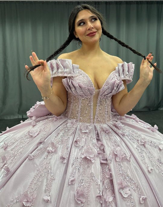 HE156 - Vestidos de quinceañera de satén con hombros descubiertos y cuentas, con flores 3D, para fiesta de graduación, estilo princesa, para fiesta de cumpleaños