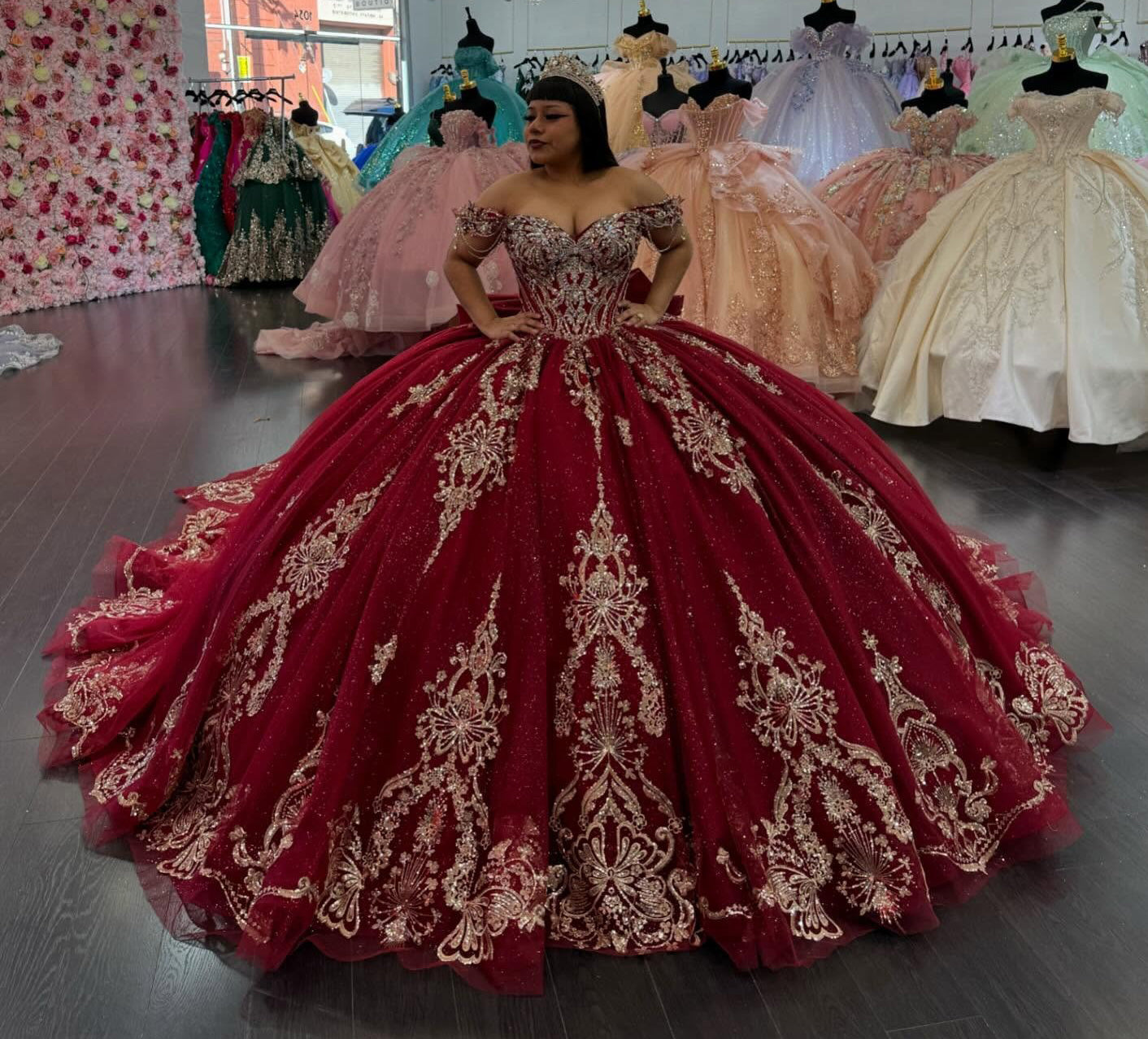 Off Shoulder Burgundy Tulle Lace Appliqued Sweet 16 Quinceanera Dresses HE672