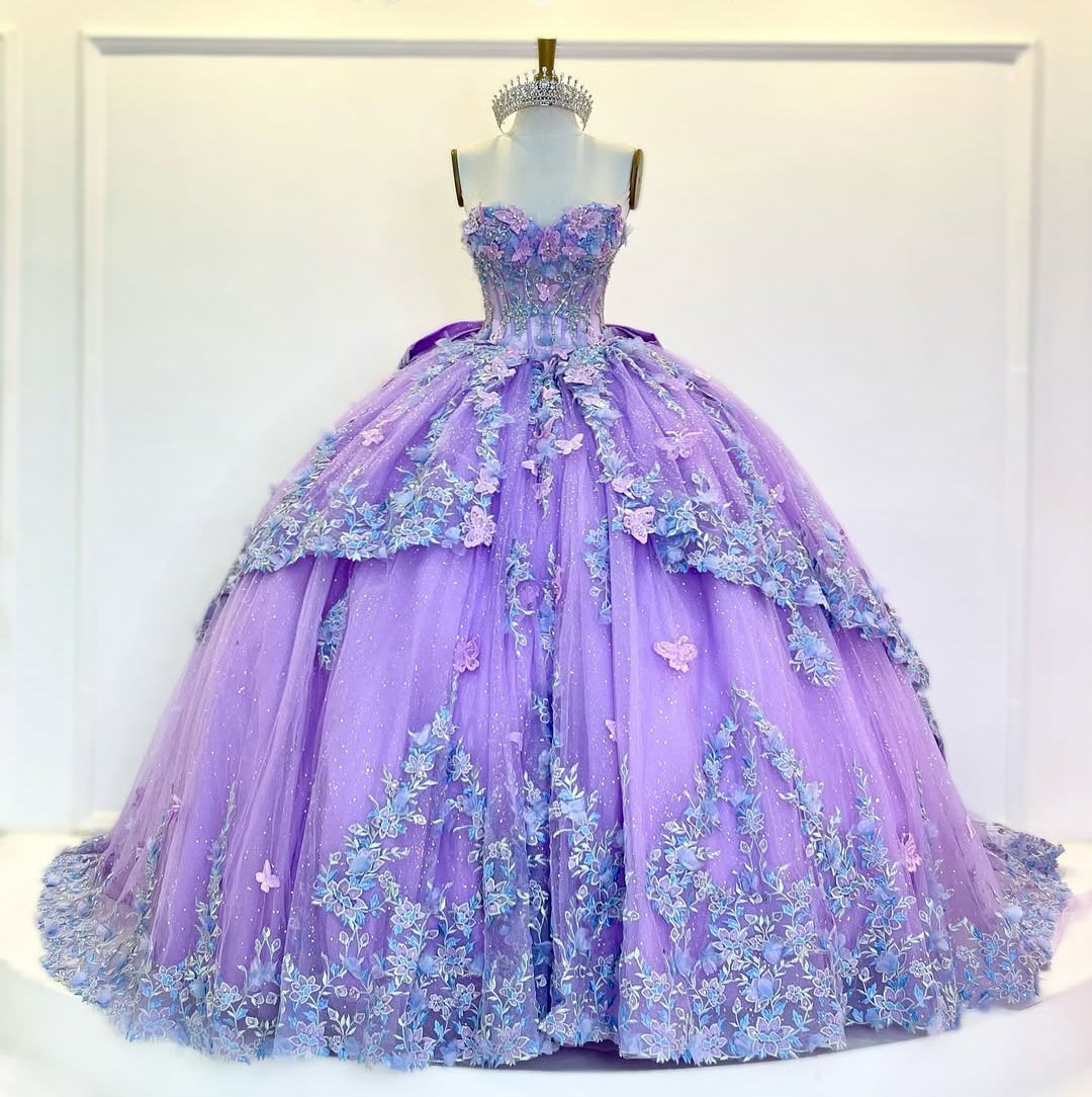 Lilac Sweetheart Tulle Appliques Quinceanera Dresses Princess Birthday Party Dresses HE311