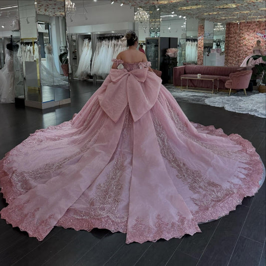 Off Shoulder Pink Quinceanera Dresses Ball Gown Tulle Appliqued Sweet 16 Party Dress HE673
