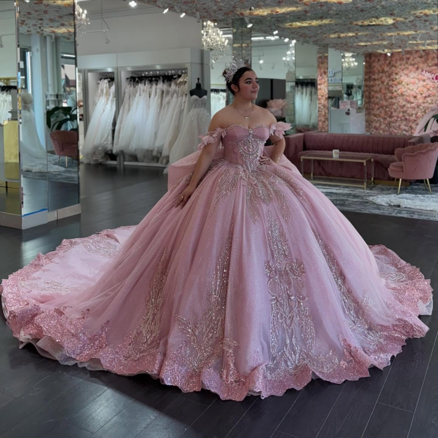 Off Shoulder Pink Quinceanera Dresses Ball Gown Tulle Appliqued Sweet 16 Party Dress HE673