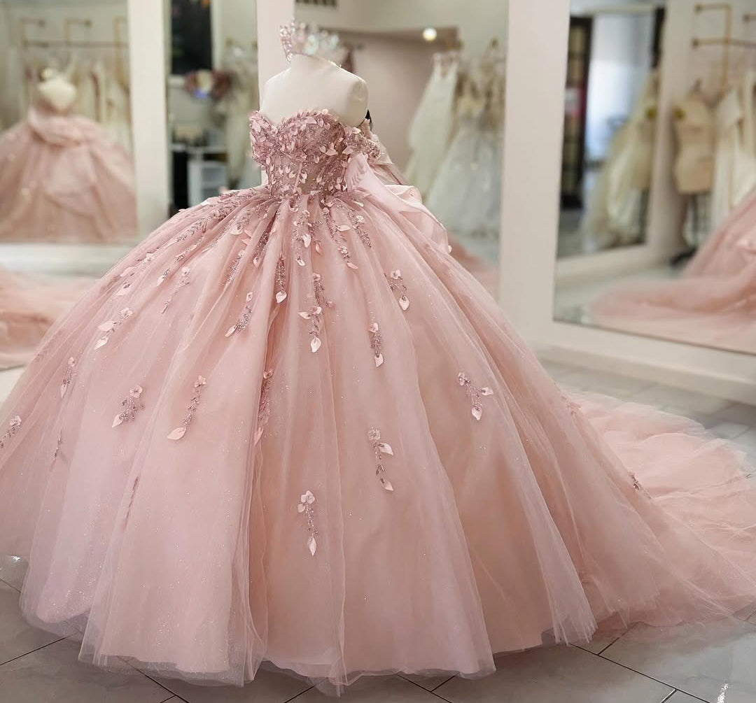 HE226 - Vestido de quinceañera con hombros descubiertos, tul, flores 3D, sin mangas, para fiesta de cumpleaños y graduación