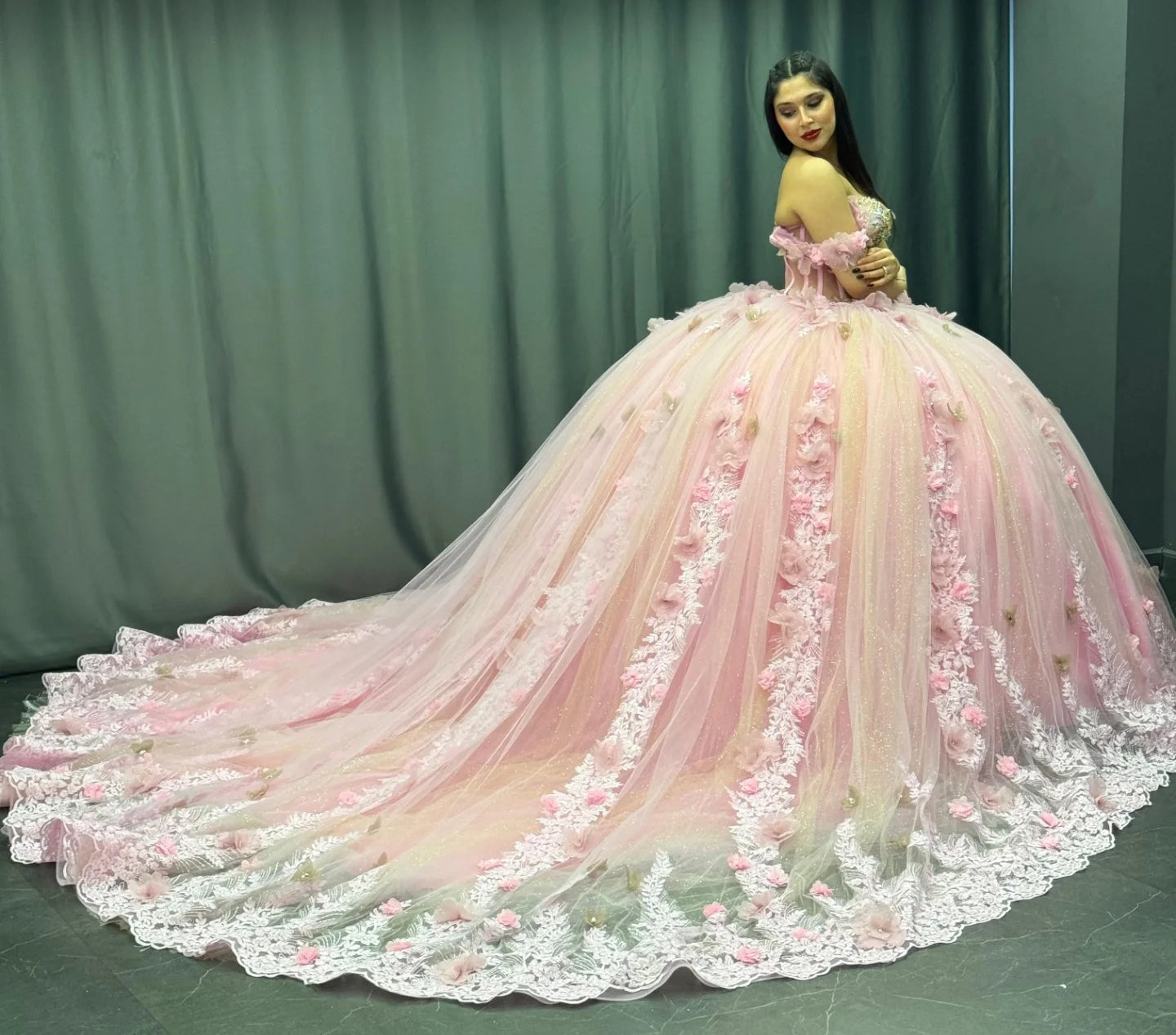HE176 - Hermoso vestido de quinceañera para dulces 16, princesa, tul, encaje, cuentas, sin mangas, vestido de fiesta de cumpleaños, graduación, con cola larga