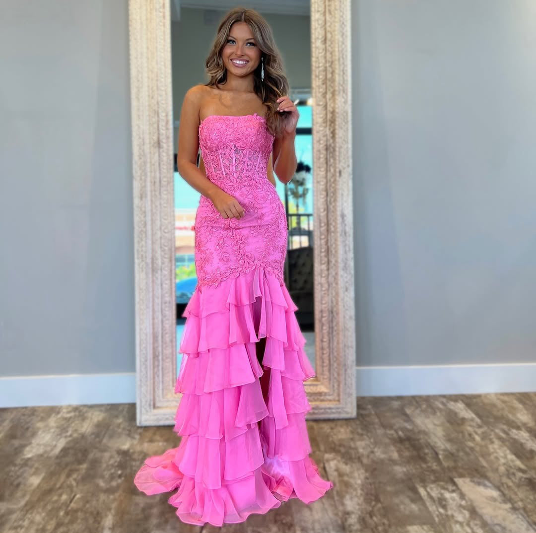 HE129-Vestidos largos de fiesta de gasa con volantes y apliques de encaje, corte sirena, escote corazón, vestidos formales con aberturas laterales