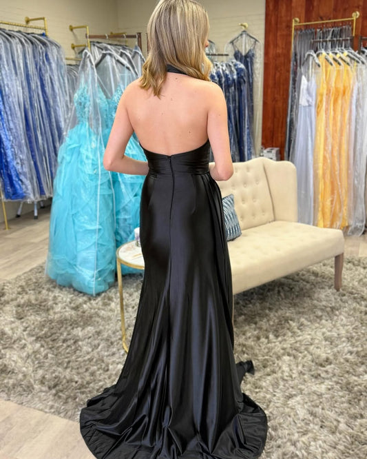 Black Satin Mermaid Prom Dresses Long with Slit Deep V Neck Evening Gowns HE101
