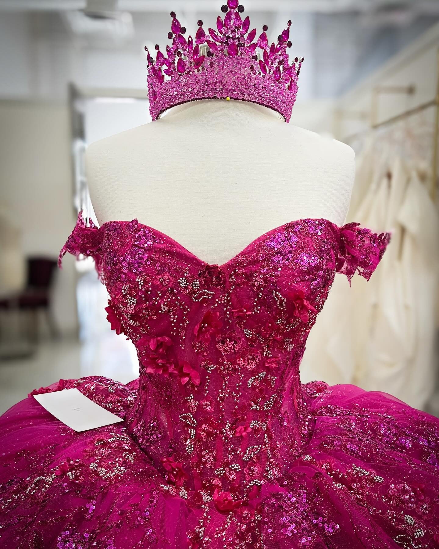 HE225 - Vestido de quinceañera de princesa con hombros descubiertos y apliques de encaje de tul, sin mangas