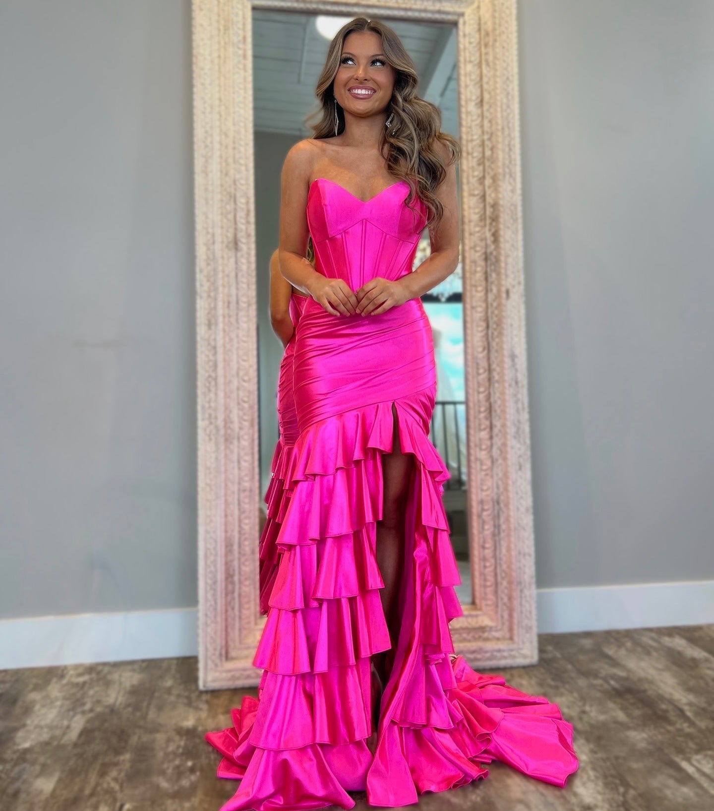 HE127-Vestido de fiesta largo rosa intenso con escote corazón y abertura, corte sirena, satén, volantes, vestidos formales, corsé, tallas grandes, vestidos de fiesta de noche