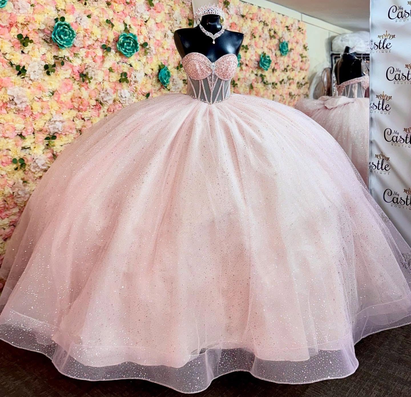 Glittery Tulle Sequin Beaded Quinceanera Dresses Sweet 16 Birthday Party Dresses HE082