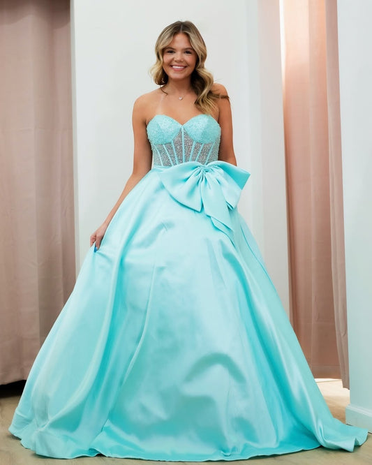 Sweetheart Corset A Line Prom Dresses Long Satin Beaded Party Dresses with Bow HE114