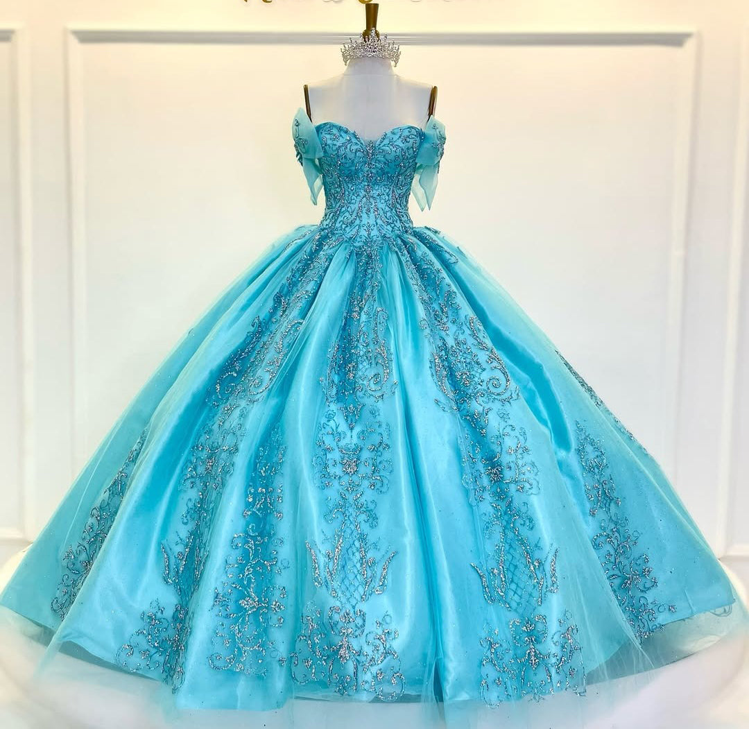 HE240-Precioso vestido de princesa para quinceañera, de tul, con encaje y cuentas, para fiesta de cumpleaños y graduación de 16 años