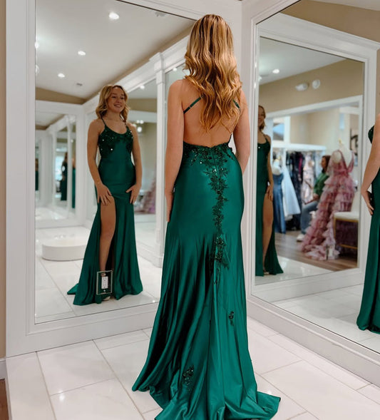 Mermaid Satin Lace Appliques Prom Dresses Long for Women Side Slit Evening Gowns HE131