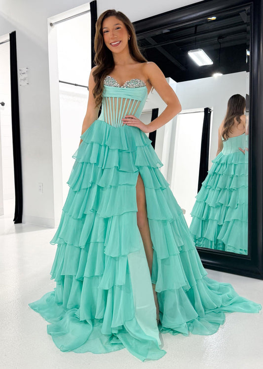 Sequin Beaded Long Prom Dresses A Line Chiffon Ruffles Evening Gowns with Slit HE178