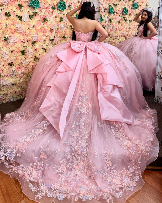 Sweetheart Quinceanera Dresses Tulle 3d Flower Beaded Sweet 16 Party Dress HE068