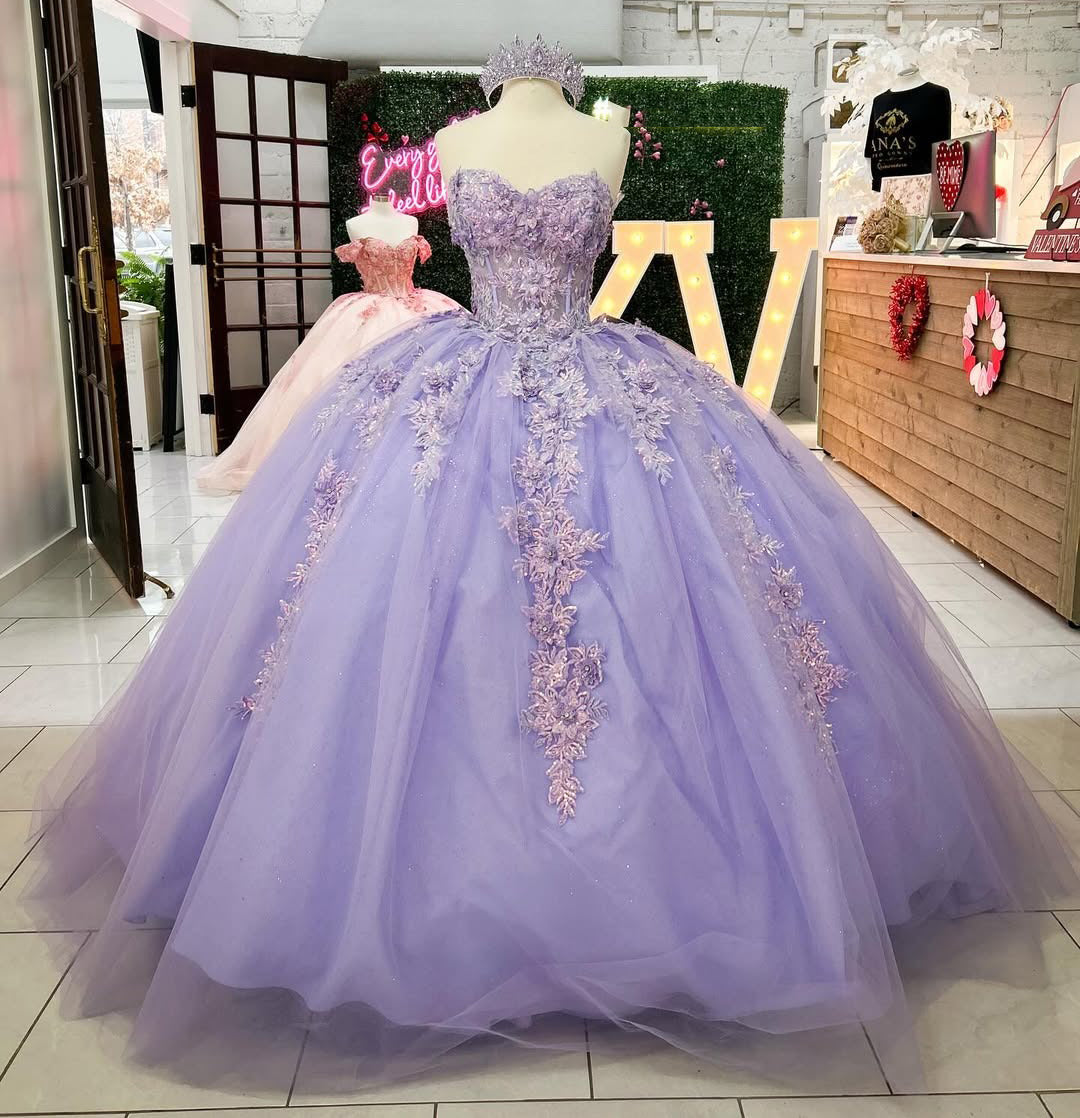 Lilac Sweetheart Princess Quinceanera Dresses Tulle Lace Beaded Sweet 16 Party Dress HE220
