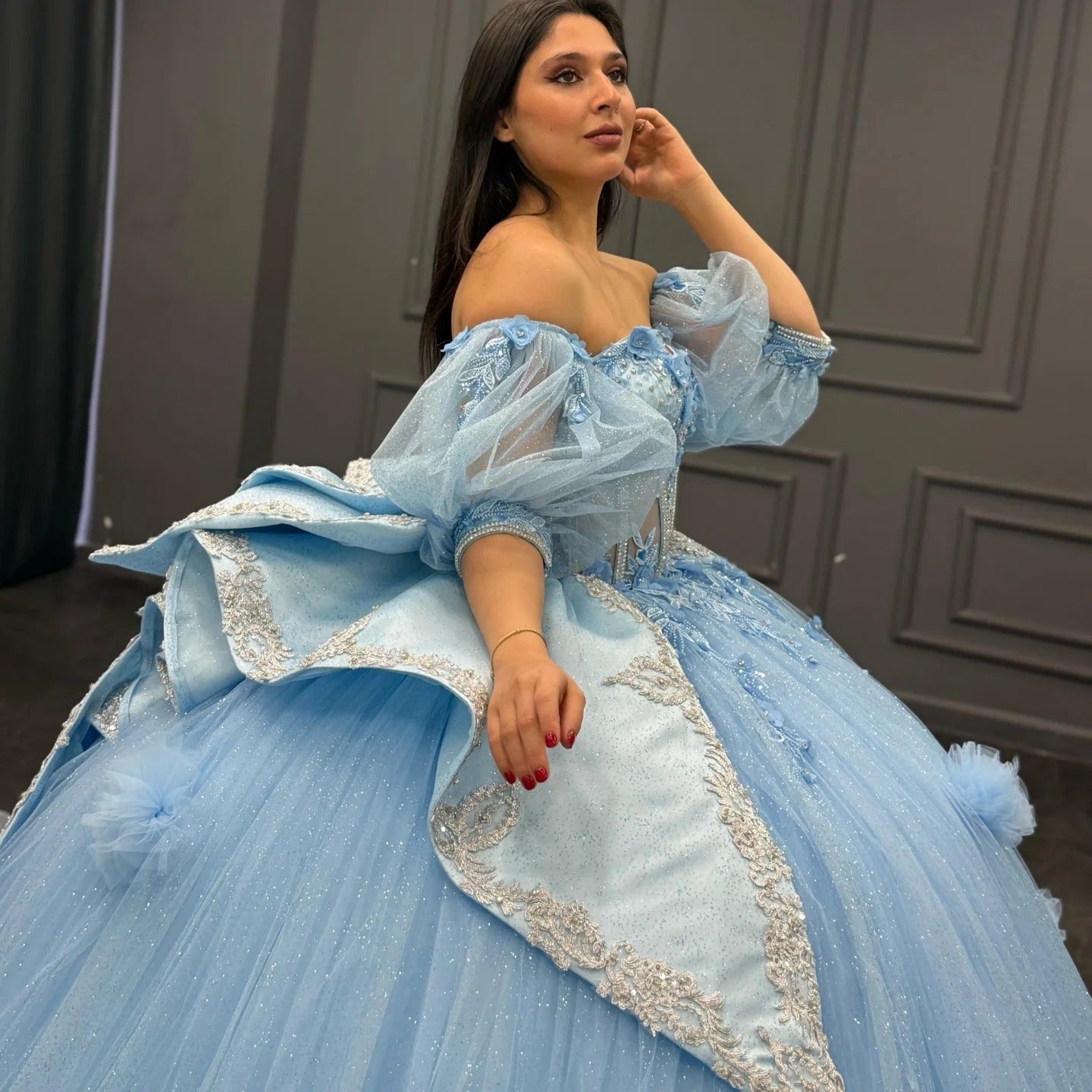 HE165-Sky Blue Sweetheart Quinceanera Dresses Princess Ball Gown Tulle Beaded Sweet 16 Birthday Party Dresses with Detachable Sleeves