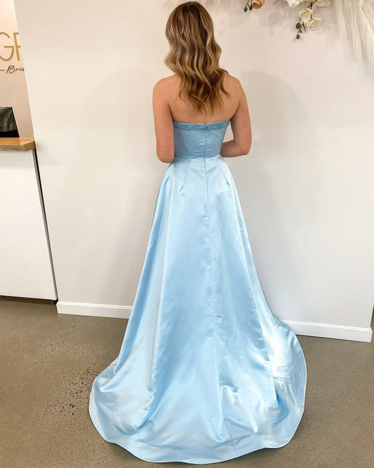 Sweetheart A Line Long Prom Dresses Satin Beaded Evening Dresses with Pockets HE242