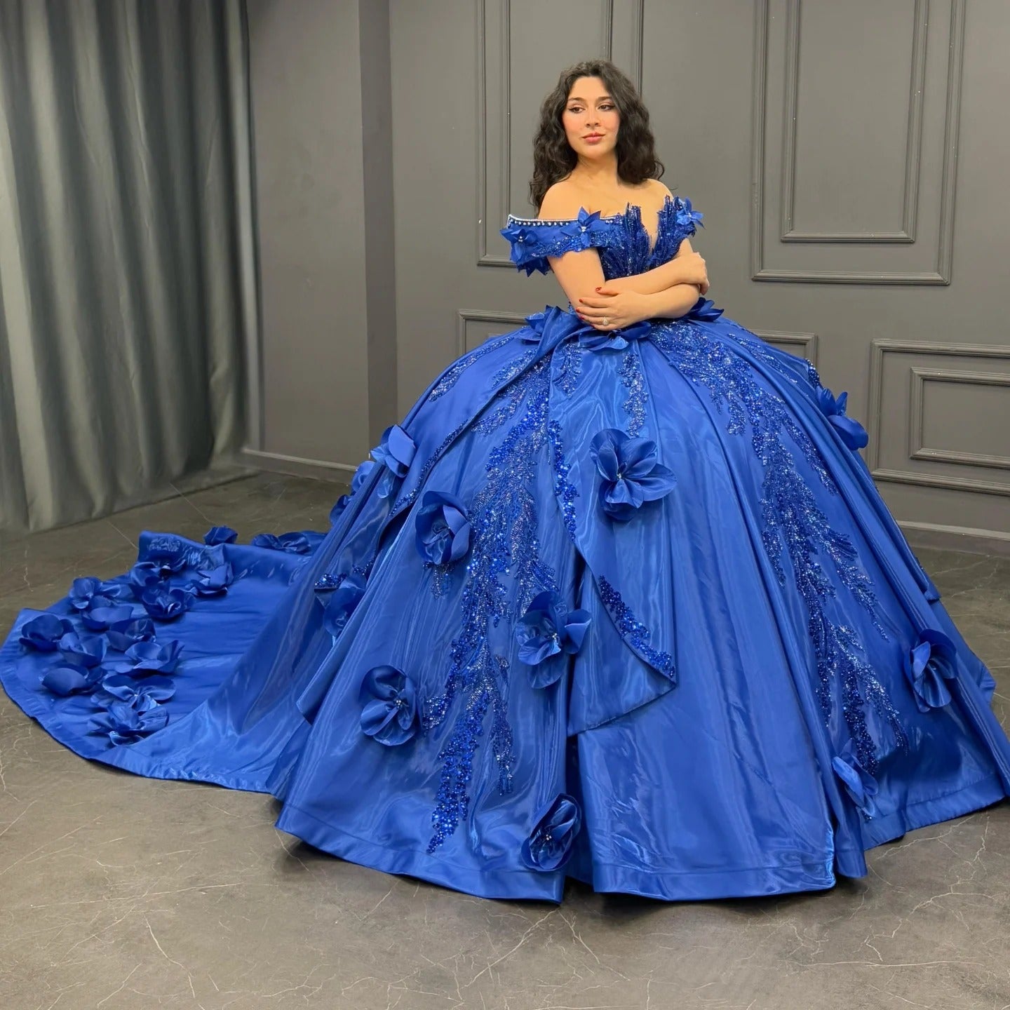 Satin Lace Beaded Princess Quinceanera Dresses 3d Flowers Party Dress HE164