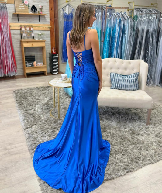 Women's Royal Blue Satin Mermaid Prom Dresses Long Evening Party Gowns with Slit HE099