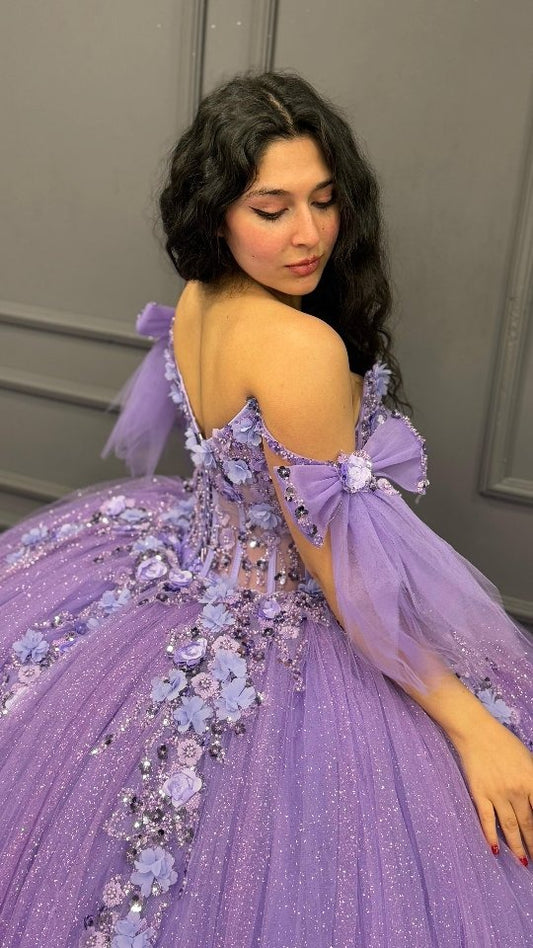 Lilac Quinceanera Dresses Tulle Lace Appliqued Birthday Prom Gowns for Sweet 16 HE163